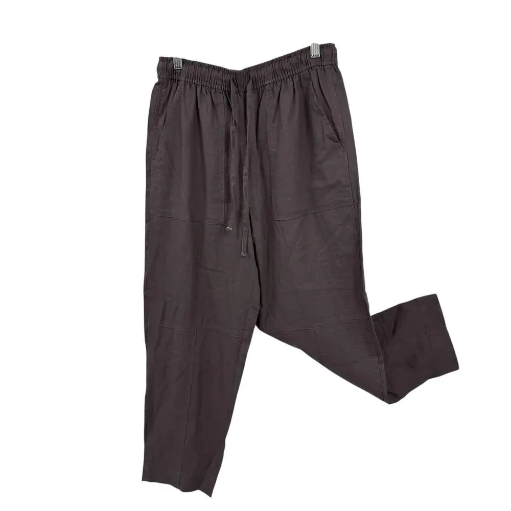Zara Linen Blend Crop Pants XS Gray Elastic Waist Tie Boho Coastal Relaxed